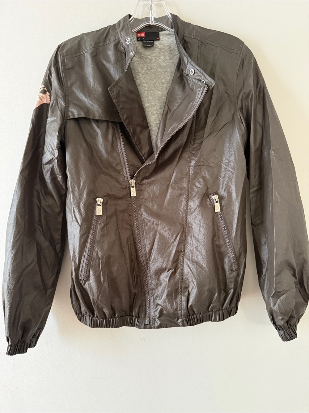 Diesel Brown Faux-Leather Bomber Jacket with Zip Pockets